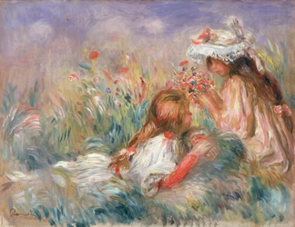 Zwei Kinder sitzen zwischen Blumen, 1900